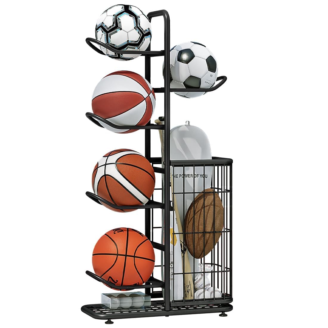 INGIORDAR Basketball Ball Storage Rack Freestanding Organizer Sport Equipment Garage Stand 6 Tier for Football Volleyball Soccer Indoor Outdoor, Black INGIORDAR