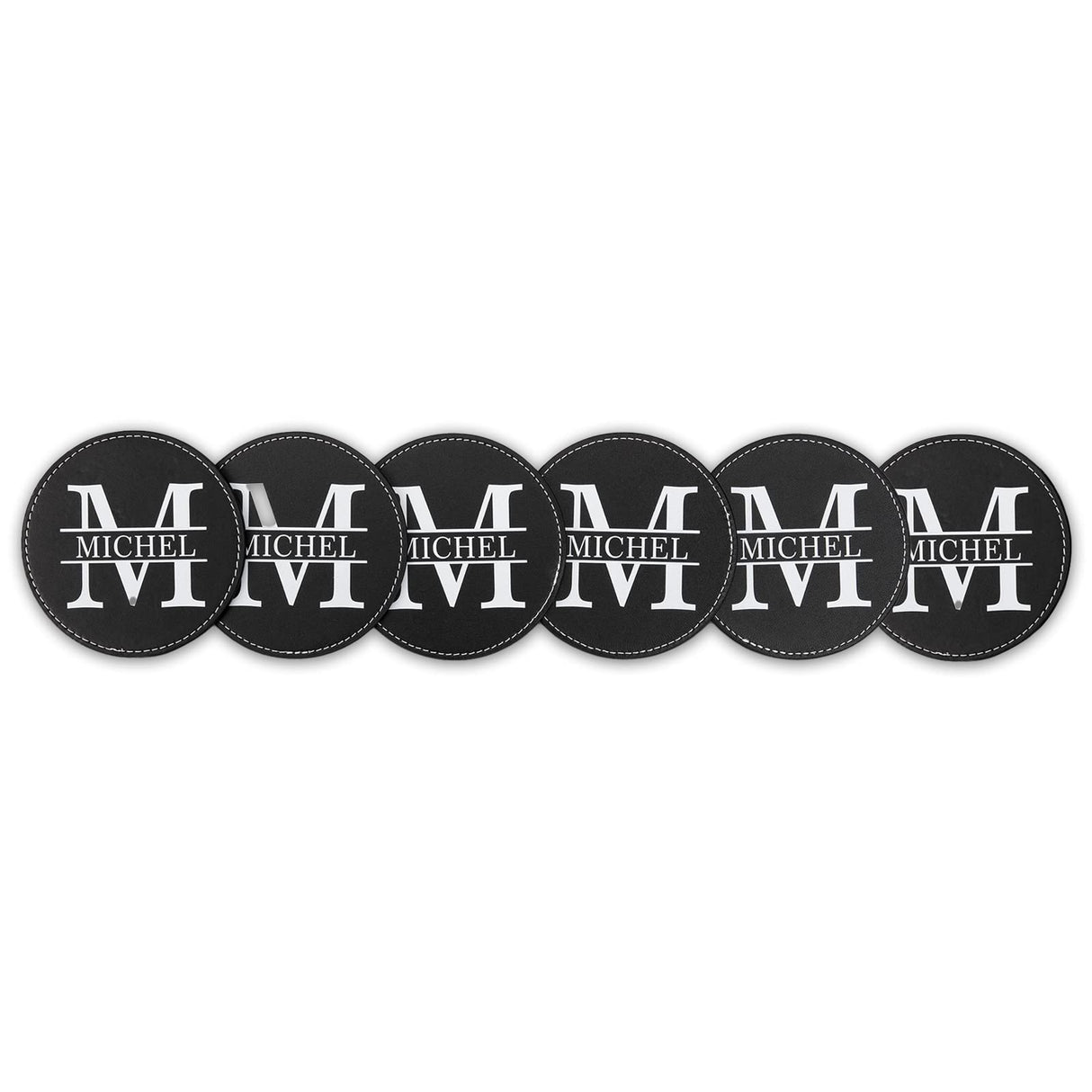 Bosajewel Personalized Coaster Set 6 Monogrammed Coasters for Drinks with Holder Custom Name Coffee Table Bar Beer Wine Cup Coasters Black Leather Coasters for Men Women Home Modern Coasters Gift Bosajewel