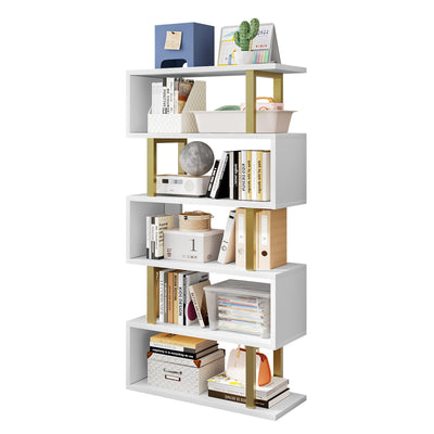 SORCEDAS Bookshelf Geometric Bookcase S Shaped Industrial Bookshelf Storage Display Stand Shelf for Living Room Bedroom and Office Room (White, 5 Tier)