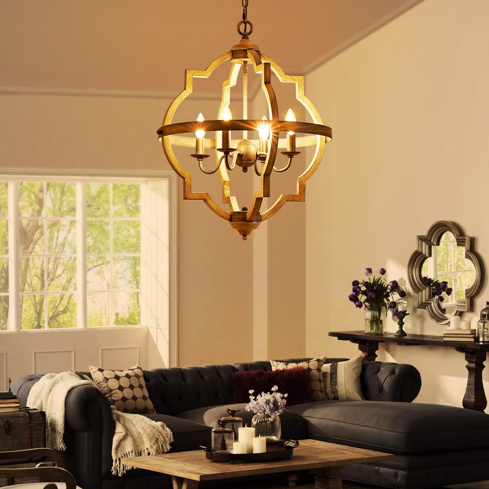 Saint Mossi 4-Lights Farmhouse Chandelier for Dining Room, Rustic Globe Black Chandeliers for Dinging Room, Orb Drum Chandeliers Light Fixtures, H22 x D20, Wood Grain Metal Frame SM Saint Mossi