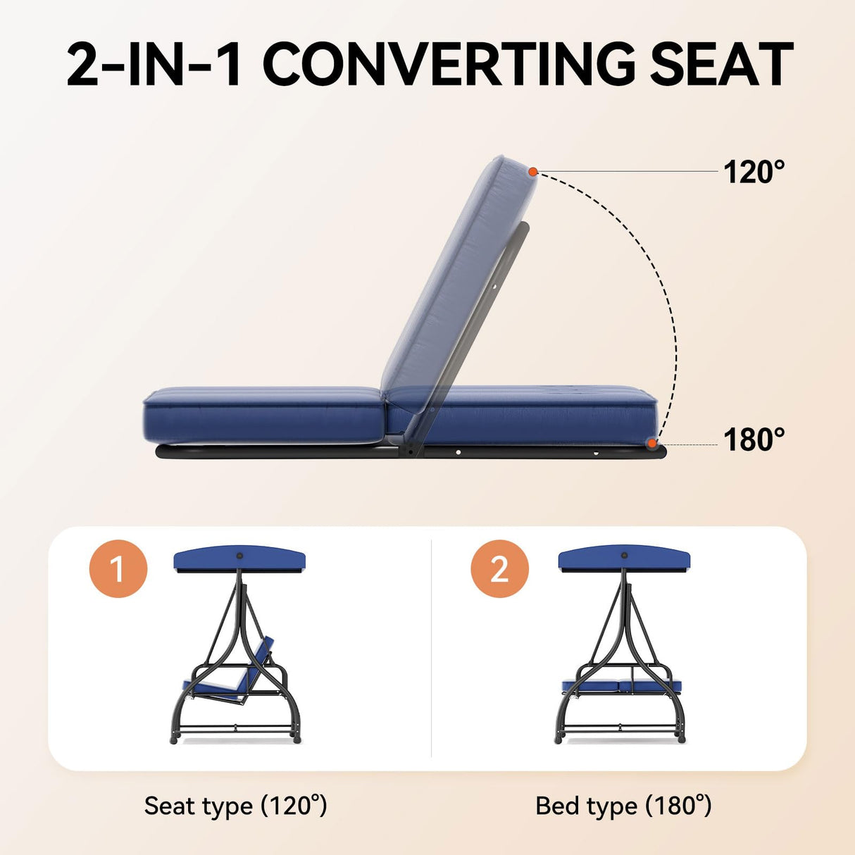 3-Seat Outdoor Patio Swing Chair with Adjustable Canopy Removable Cushion, Heavy Duty Porch Swing Glider for Patio, Backyard, Poolside, Balcony - Navy Blue FUNG YARD