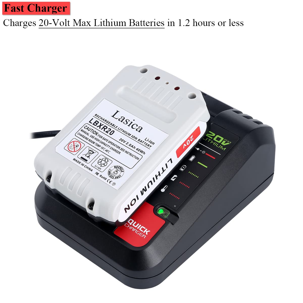 Lasica 20V Max Charger Compatible with Black & Decker 20V Battery and Compatible with Porter-Cable 20V Battery LBXR20 LBXR2020 PCC681L PCC685L PCC692L BDCAC202B 20-Volt Power Tool Battery Charger Lasica