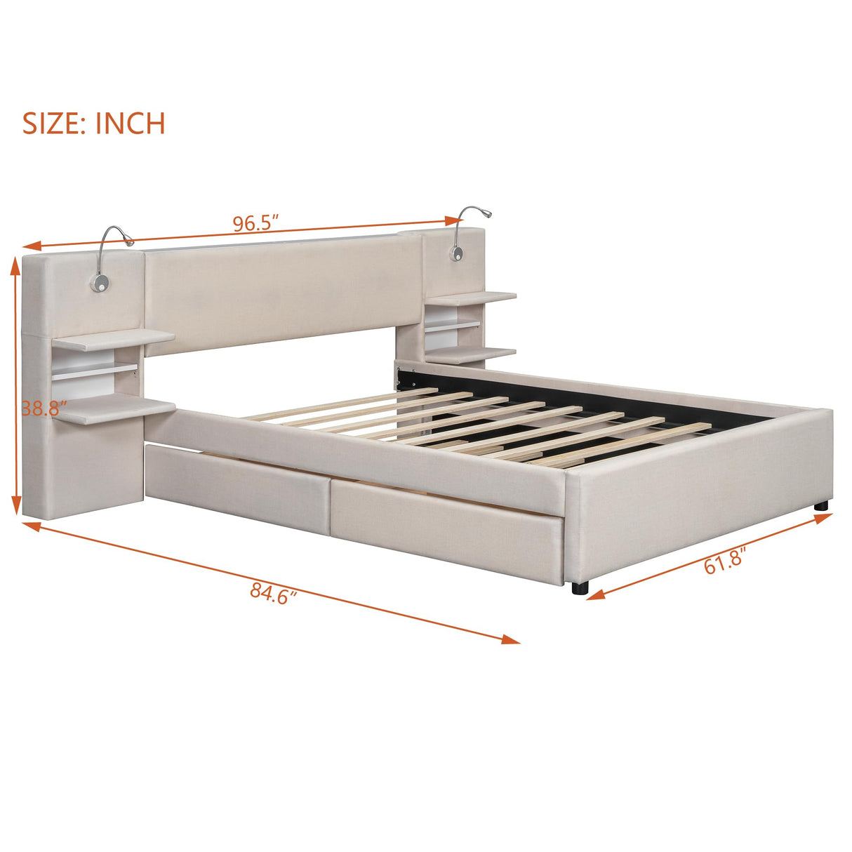 MaiDeHaoo Queen Size Upholstered Bed with with Trundle and 2 Storage Drawers, Luxury Queen Bed Frame with Storage Headboard and Reading Lights, Built-in Nightstands, Beige MaiDeHaoo
