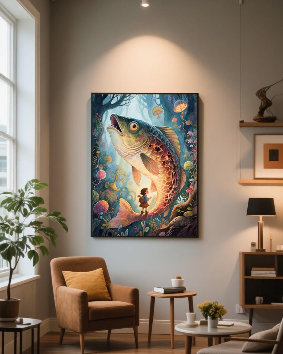 Big Fish 5D Diamond Painting Kit for Adults,The Giant Fish in The Enchanted Forest Full Drill DIY Round Gem Art Diamond Art Kits Painting Crafts Ideal for Beginners and Home Wall Decor 12X16inch PUSHPIN PAINTING