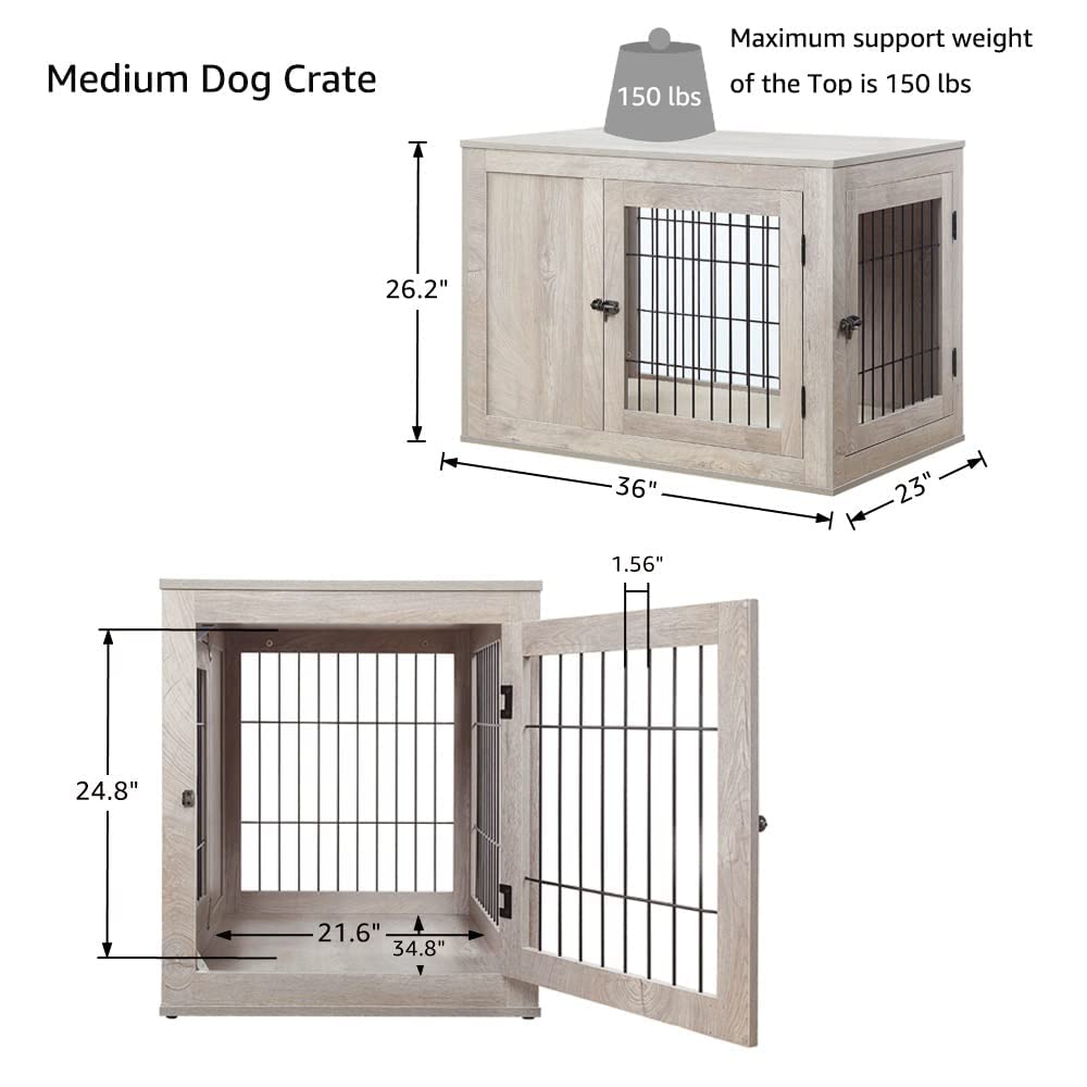unipaws Furniture Style Dog Crate for Medium Dogs, Indoor Aesthetic Puppy Kennel with Door, Modern Decorative Wood Wire Pet House Dog Cage, Pretty Cute End Side Table Nightstand, Weathered Grey unipaws