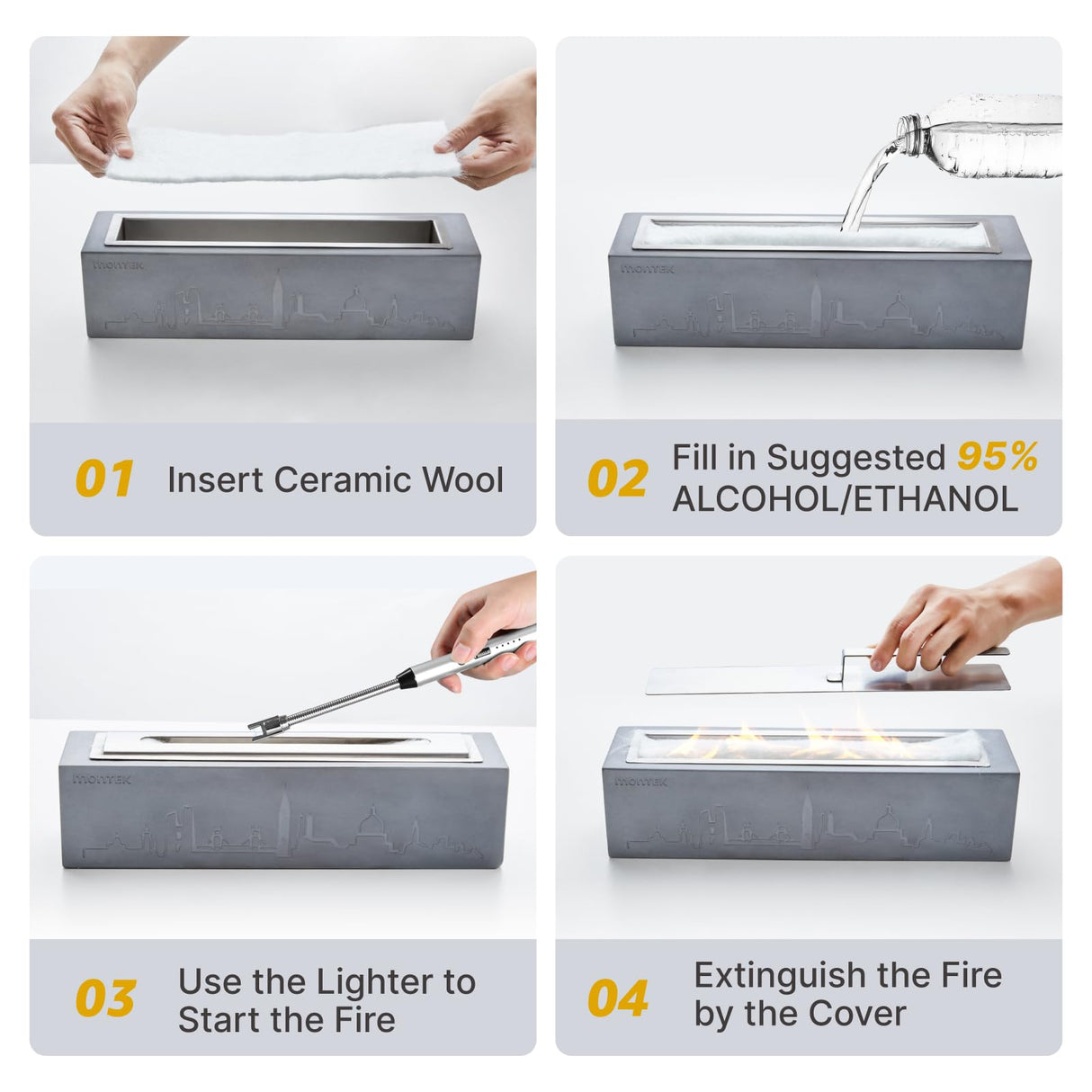 monTEK Tabletop Fire Pit, Concrete Table Top Firepit Indoor Outdoor Decor, Table Top Portable Rubbing Alcohol Fireplace Smores Maker Long Time Burning Smokeless for Patio Balcony with Extinguisher monTEK