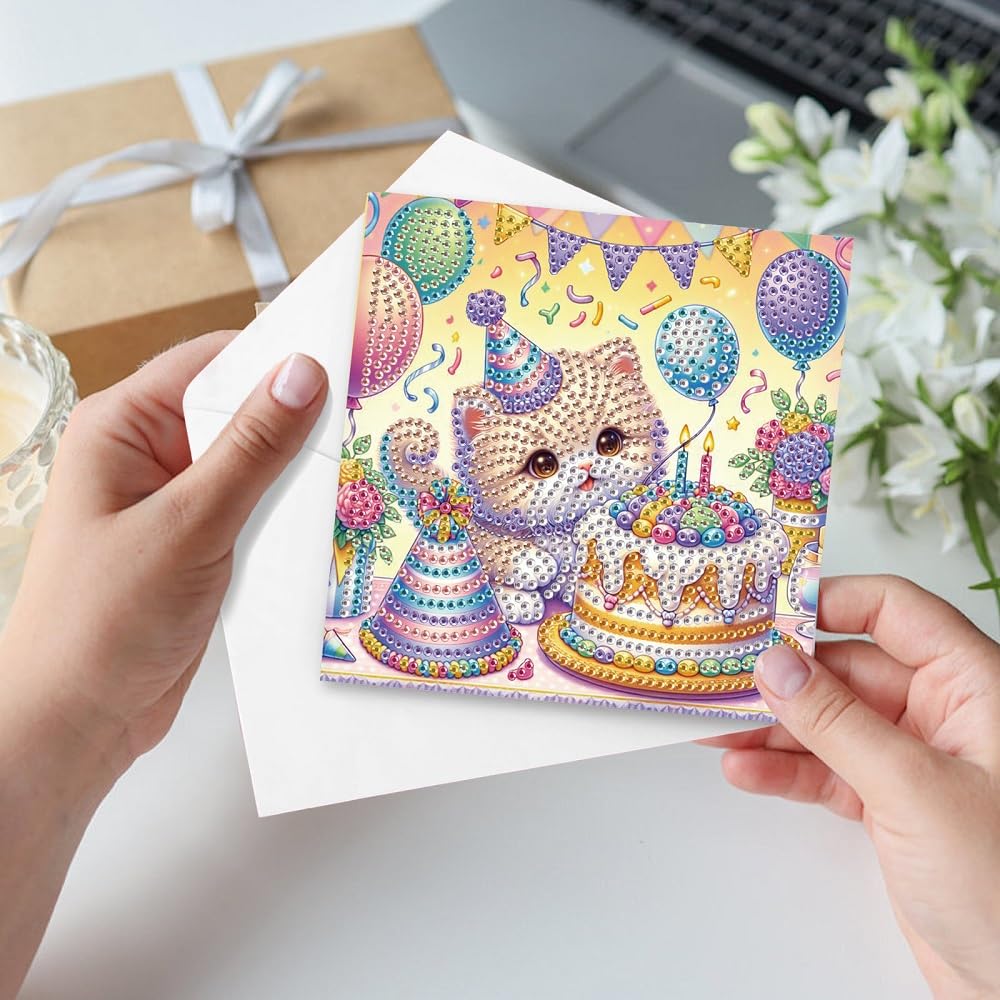 6-Pack Pets Birthday Diamond Painting Greeting Card Kits, Special Shaped Diamonds Painting, DIY Handcraft for Relatives and Friends with Wishes,Unique Design Crafting for Birthday Cards Focart