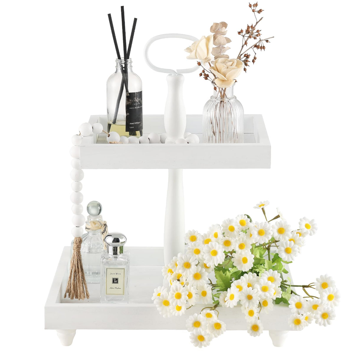 Rustic Wooden 2 Tiered Tray with Bead Garland, SYNCVIBE Square Farmhouse Style Decorative Trays Stand, Wood Serving Tray for Coffee Food Fruits Cupcakes, Home Decor Holiday Housewarming Gifts SYNCVIBE