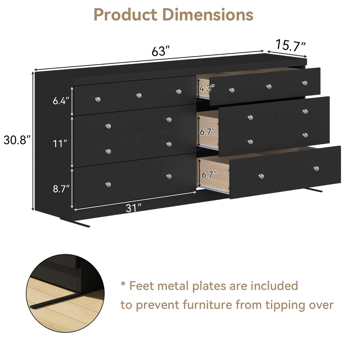63'' Long Dresser for Bedroom, Double Wide Dresser 6 Drawer Dresser with 14 Organized Compartments, Modern Black Wood Dresser 6 Drawer with Glass Handles, Extra Large Chest of Drawers for Bedroom Gyfimoie