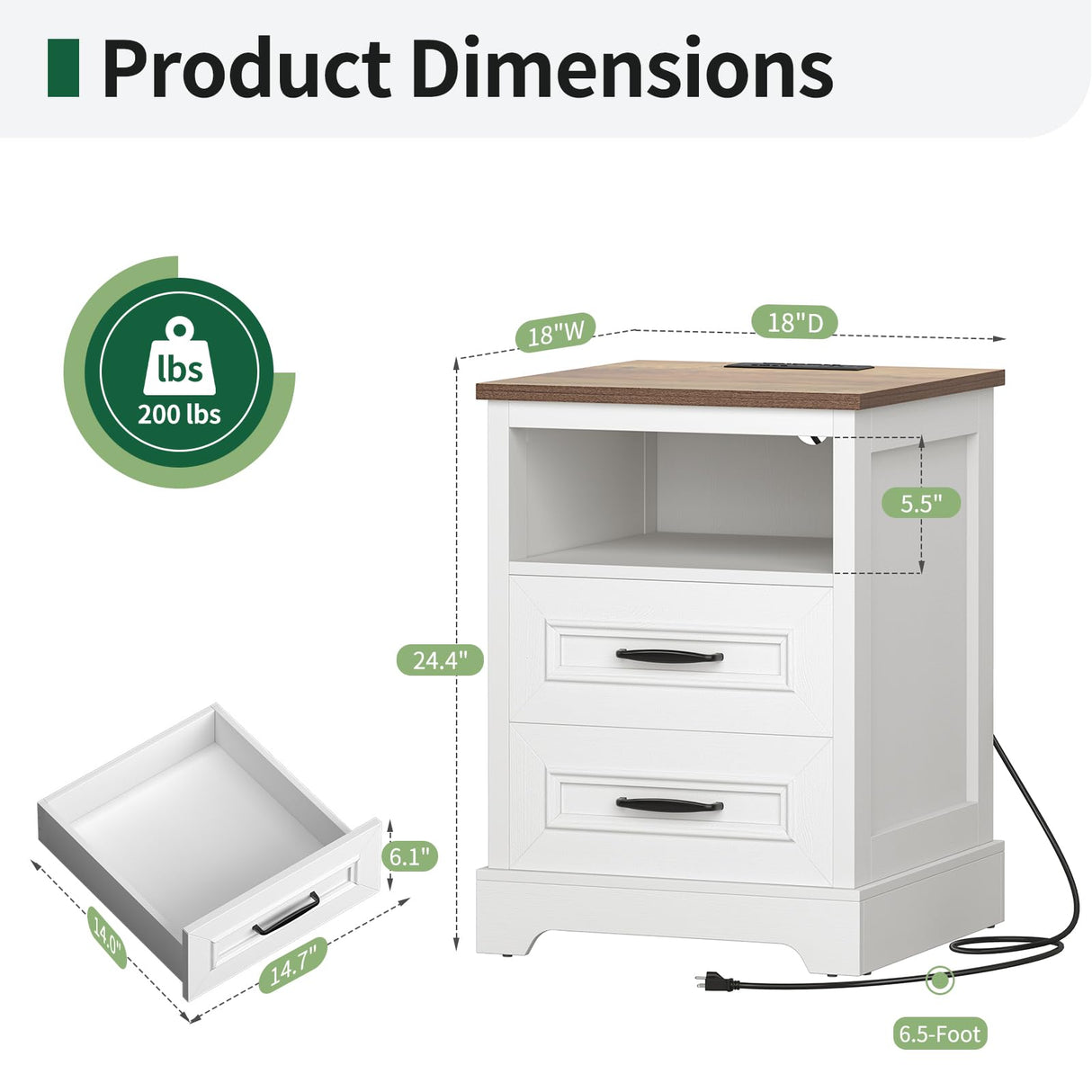 Curlaky Farmhouse Nightstand with Charging Station, Wood Night Stand with Drawers, Bedside Table, Nightstands with Open Storage Shelf, Rustic Night Stands for Bedroom, Closet, 18" Wide, 24" Tall Curlaky