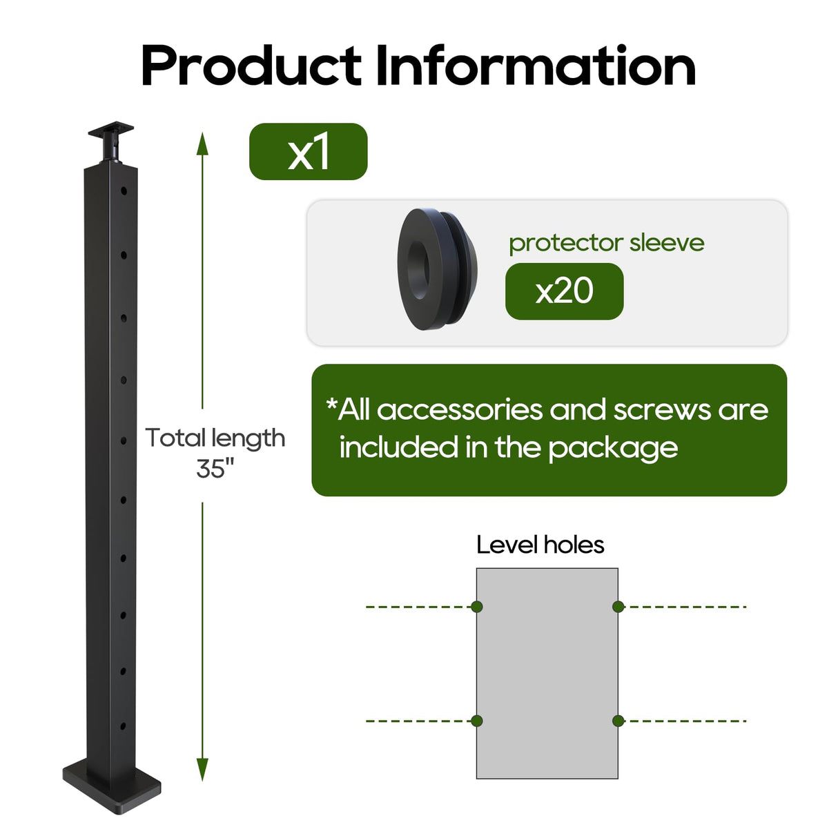 Cable Railing Post 36" (35"X2"x2"), Level Drilled Stainless Steel Deck Railing Post, Black Adjustable Top Level Holes Railing Post for Horizontal Cable Systems, Surface Mount Post for Decks Wqinjk