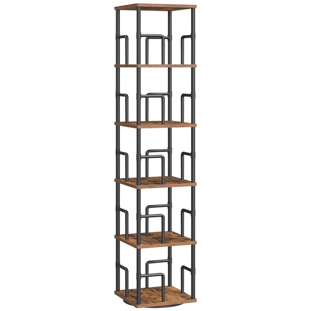 MAHANCRIS 5-Tier Rotating Bookshelf, Freestanding Corner Bookshelf, 360° Spinning Bookcase, Industrial Style Storage Rack with Rails, for Living Room, Bedroom, Study, Rustic Brown and Black BKHR1601 MAHANCRIS
