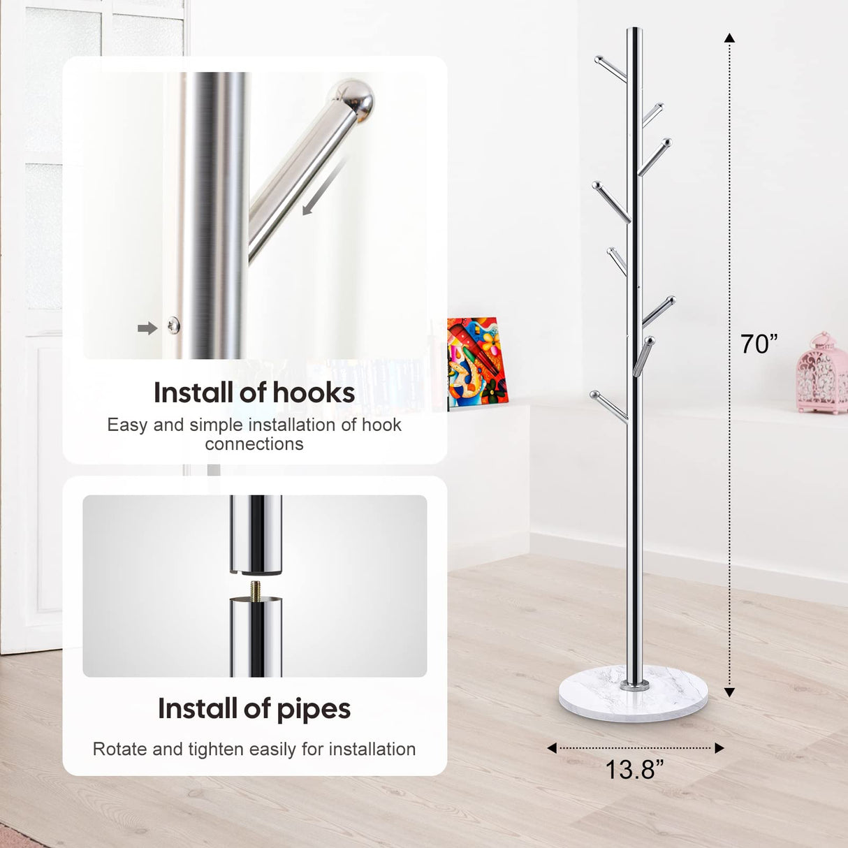 Homde Metal Coat Rack Stand with Natural Marble Base, Stainless Steel Freestanding Coat Tree Hanger with 8 Hooks, Hall Tree for Clothes Jackets Hat Scarves Handbags Entryway Bedroom (Silver) Homde