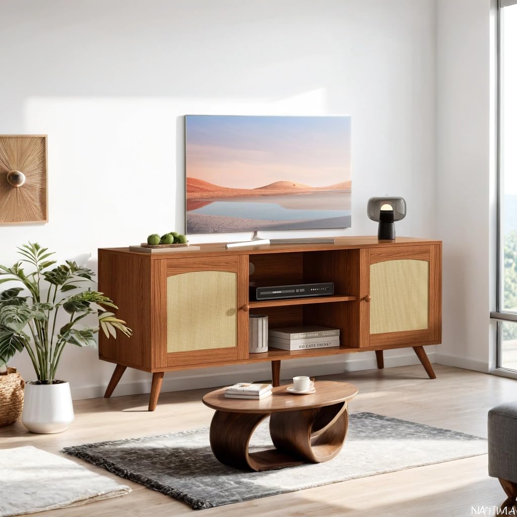 DIYART Brown Rattan TV Stand for 60 Inch TV, Wooden Mid Century Modern Entertainment Center with Natural Rattan Door, Boho Media TV Console for Living Room DIYART