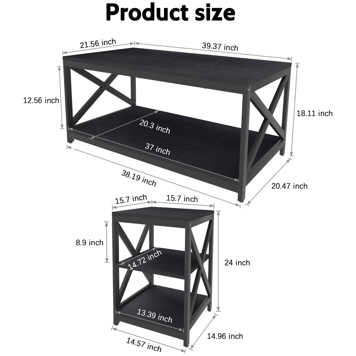 Bigbiglife Living Room Coffee Table Set of 3, Industrial X-Design Coffee Table and 2 End Side Tables, 3 Piece Living Room Table Set with Large Storage for Apartment Home, Black Bigbiglife