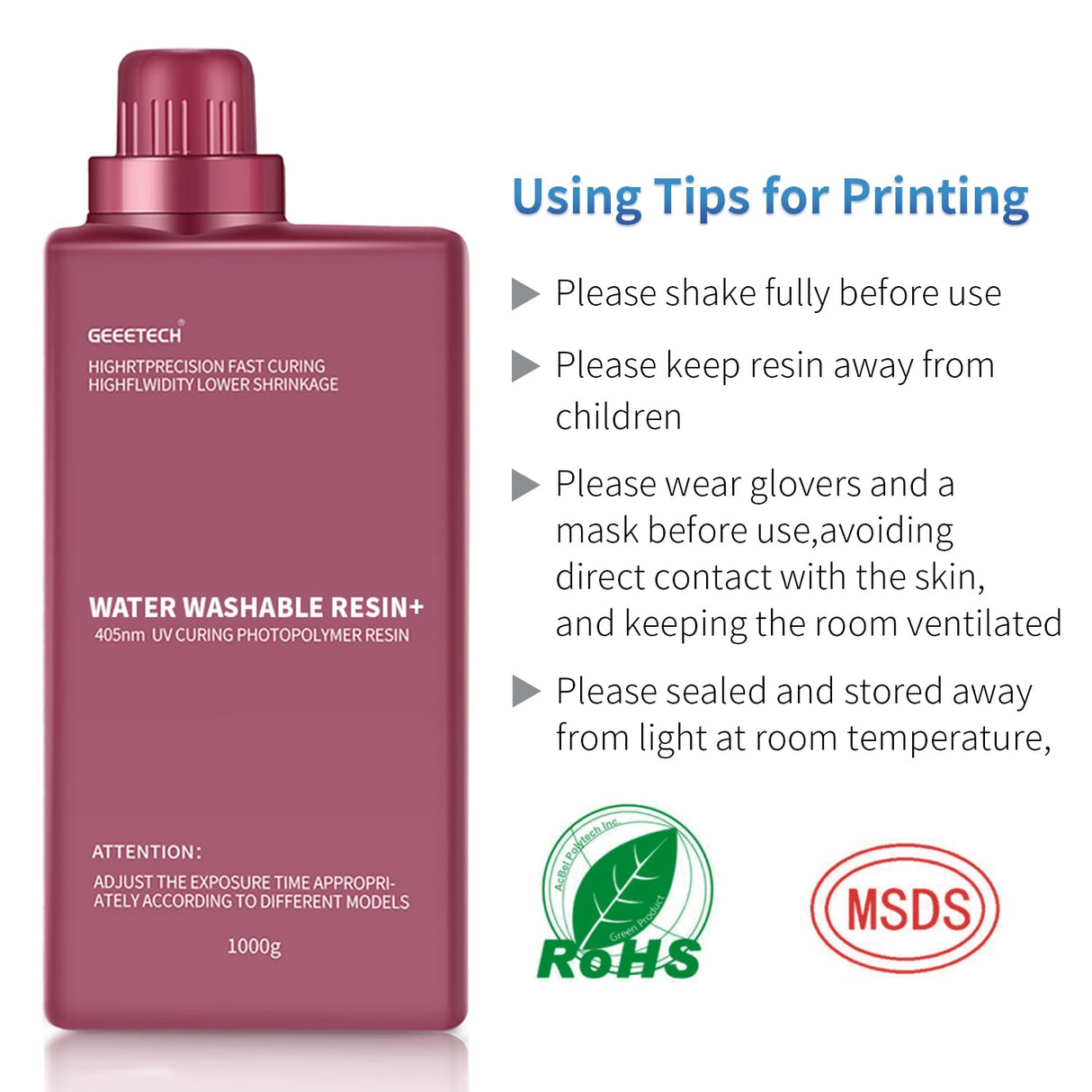 GEEETECH Upgraded Water Washable 3D Printer Resin, UV-Fast-Curing Resin 405nm Photopolymer Resin, High Precision 3D Water Wash Resin for LCD/MSLA/DLP 3D Printer Printing (Skin Colour, 1kg) Geeetech