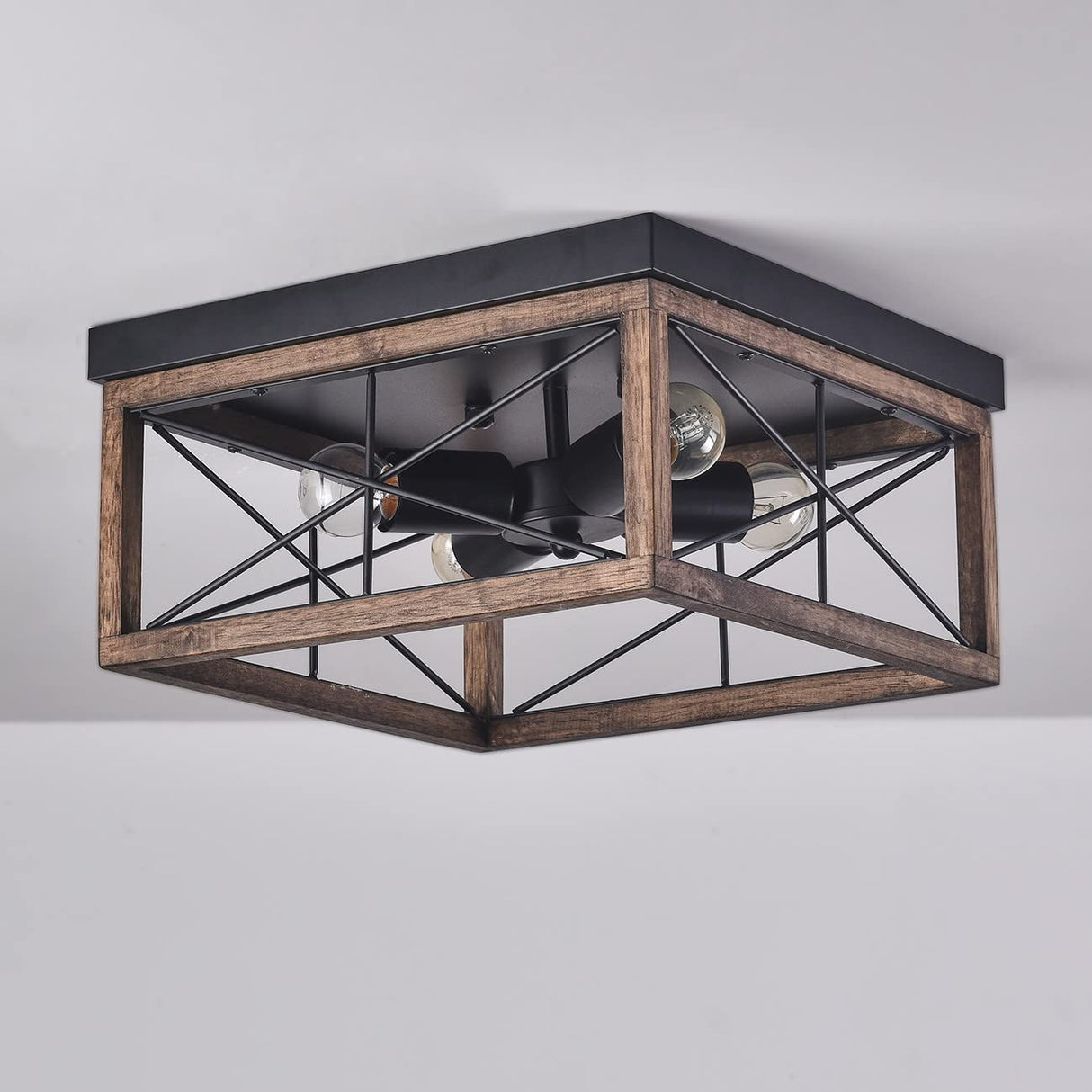 Aiwen 4-Light Rustic Wood Flush Mount Ceiling Light Metal Square Cage Farmhouse Lighting Close to Ceiling Light Fixture Black for Dining Room Bedroom Living Room Kitchen Hallway Entryway Foyer Aiwen