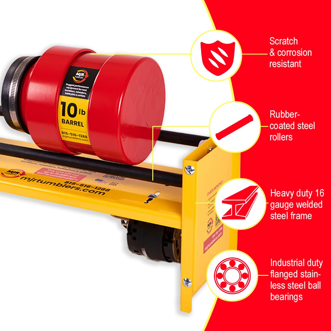 MJR Tumblers Commercial Duty 10lb Rock Tumbler w Free Grit Kit. Capable of Running 4 Different Barrel Sizes and Combinations. Extreme Quality and Durability. A USA Disabled and Veteran Owned Company. MJR Tumblers