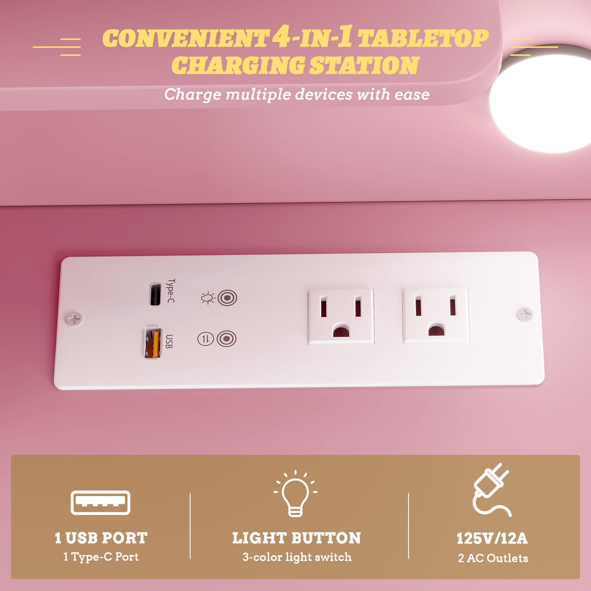 Vlsrka Vanity Desk with Large Mirror and Lights, 43.3" Makeup Vanity Desk with Charging Station and 6 Drawers, Makeup Dressing Table with Storage Stool for Bedroom (Pink) Vlsrka