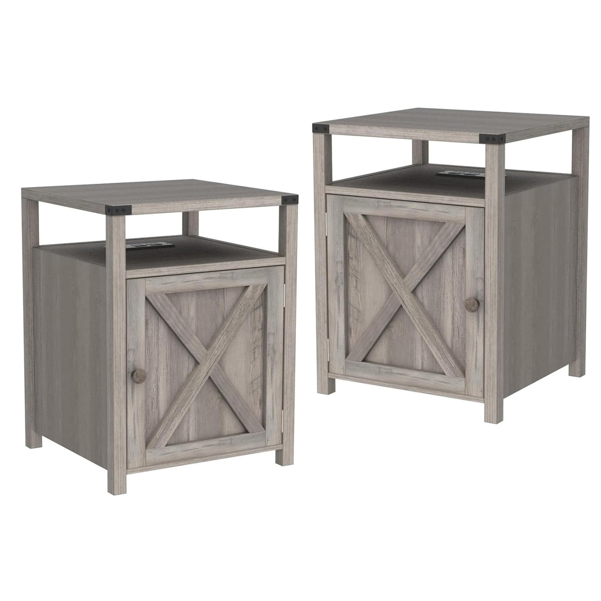 HOSEOKA Farmhouse Nightstand Set of 2 with Charging Station, Rustic End Table Bedroom with Storage Living Room Side Table Dark Oak Night Stand Industrial Bedside Bed Table with USB Ports and Outlets HOSEOKA