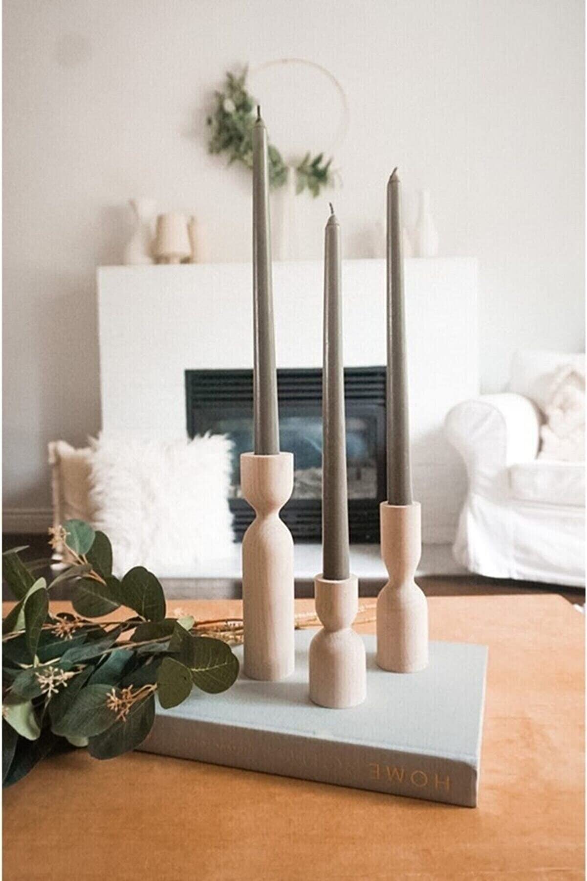 DUHALINE Wooden Candle Pillar Holder Set of 3,Rustic Farmhouse Candle Holder,Handmade Candlestick Holder, Wood Candle Holders, Console Table Decoration Pieces, Luxury Fireplace Candle Holder DUHALINE