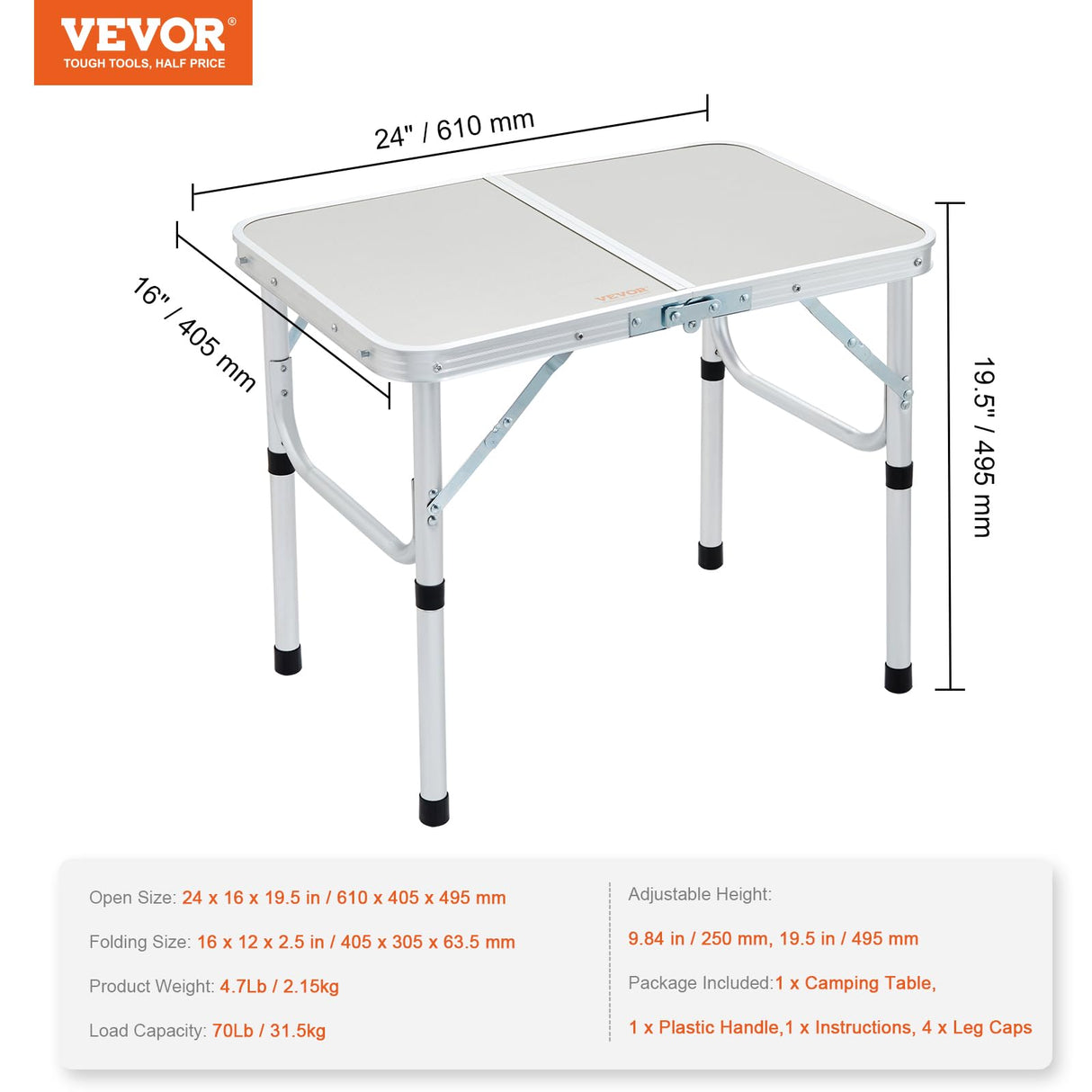VEVOR Folding Camping Table, Adjustable Height Aluminum MDF Outdoor Portable Fold Up Lightweight Table, for Cooking, Beach, Picnic, Travel, 24'' x 16'', Silver VEVOR