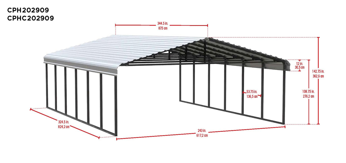 Arrow Carports Galvanized Steel Carport, Double Car Metal Carport Kit, 20' x 29' x 9', Charcoal Arrow