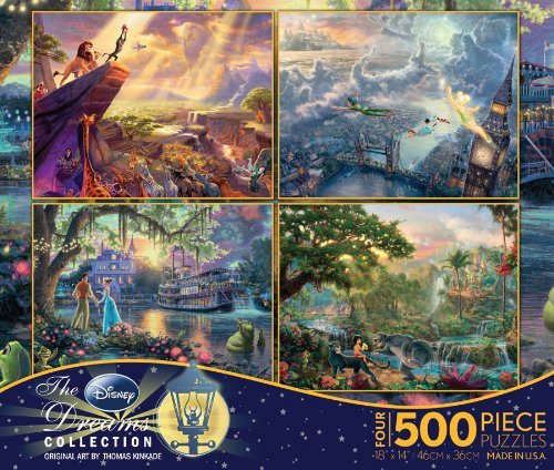 Ceaco - 4 in 1 Multipack - Thomas Kinkade - Disney Dreams Collection - Lion King, Peter Pan, Princess & the Frog, & Jungle Book - (4) 500 Piece Jigsaw Puzzles Ceaco