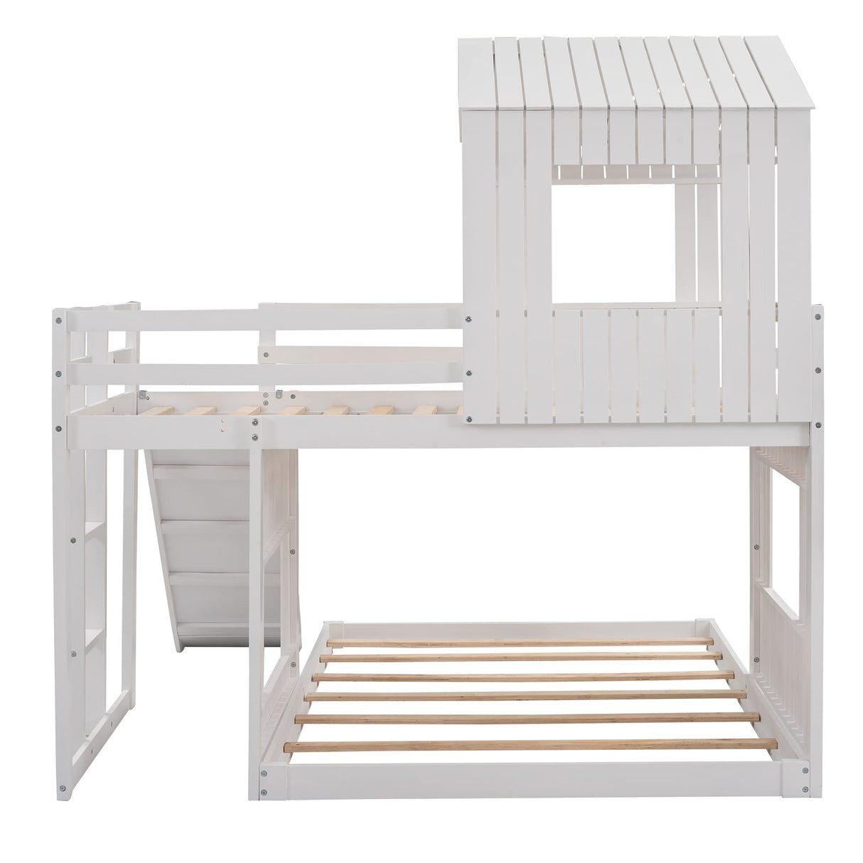 Merax Twin Over Full Bunk Bed Frames Loft Bed with Slide, House Roof, Window and Safety Guardrails for Boys or Girls, White Merax