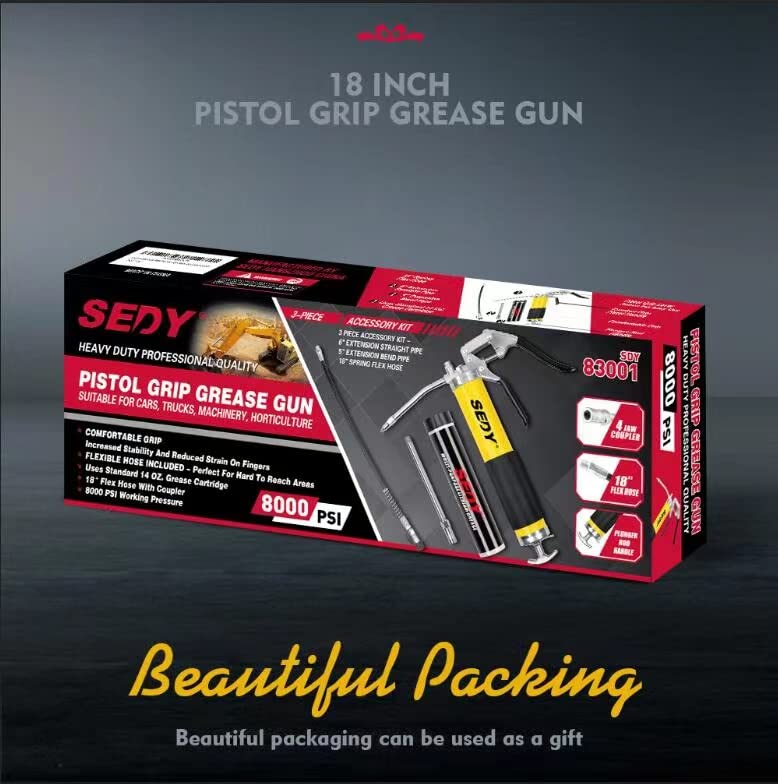 Heavy Duty Grease Gun Kit - 14oz Free Grease Tube 8000 PSI Pistol High Pressure Flexible Hose Bearing Grease Pump Marine Durable Connectors Adapters Extension Tubes Nozzle Easy Operation SEDY