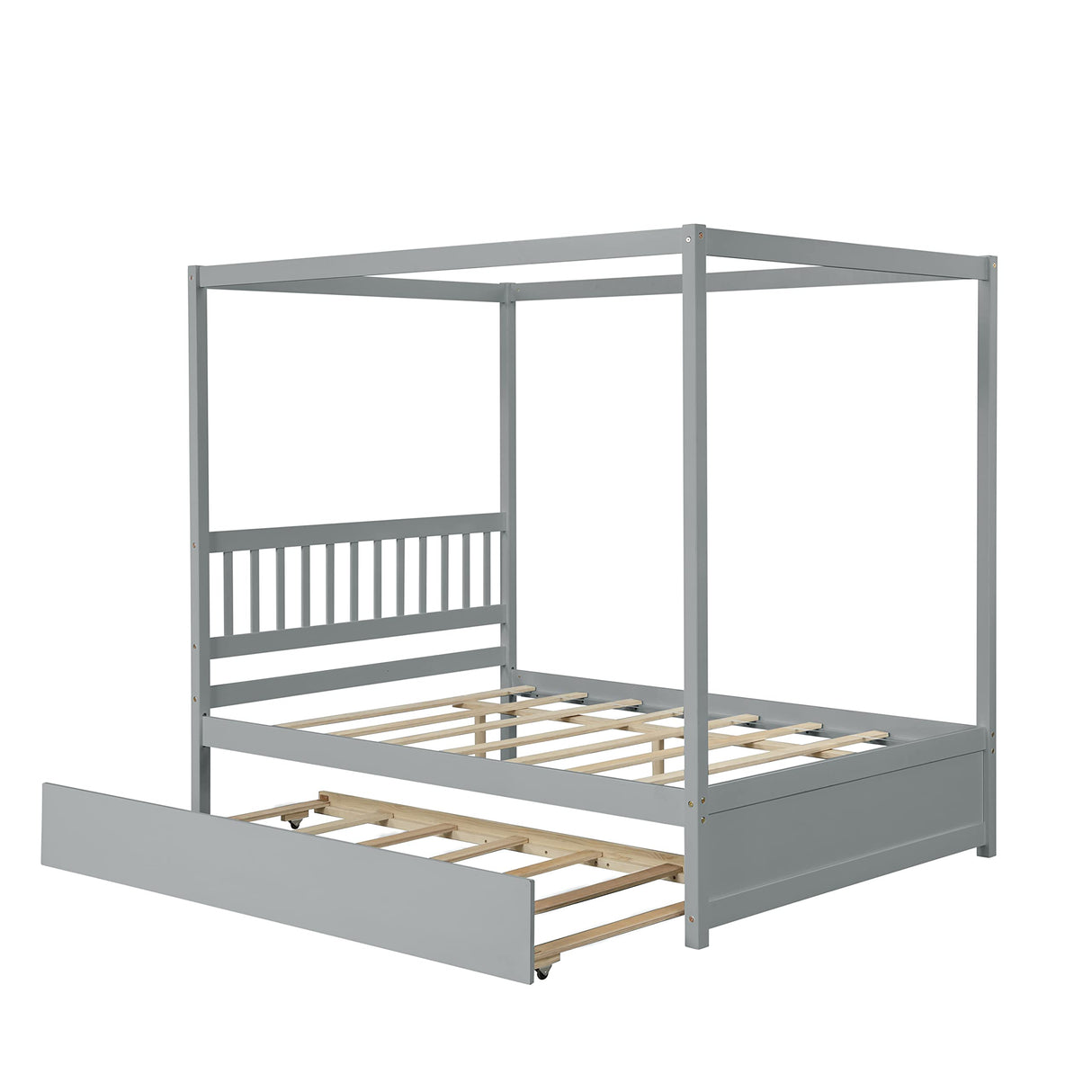 Bellemave Full Size Canopy Bed with Twin Size Trundle, Wood Full Platform Bed with Headboard, Modern 4 Poster Panel Bed for Kids, Teens, Adults. No Box Spring Needed (Gray) Bellemave