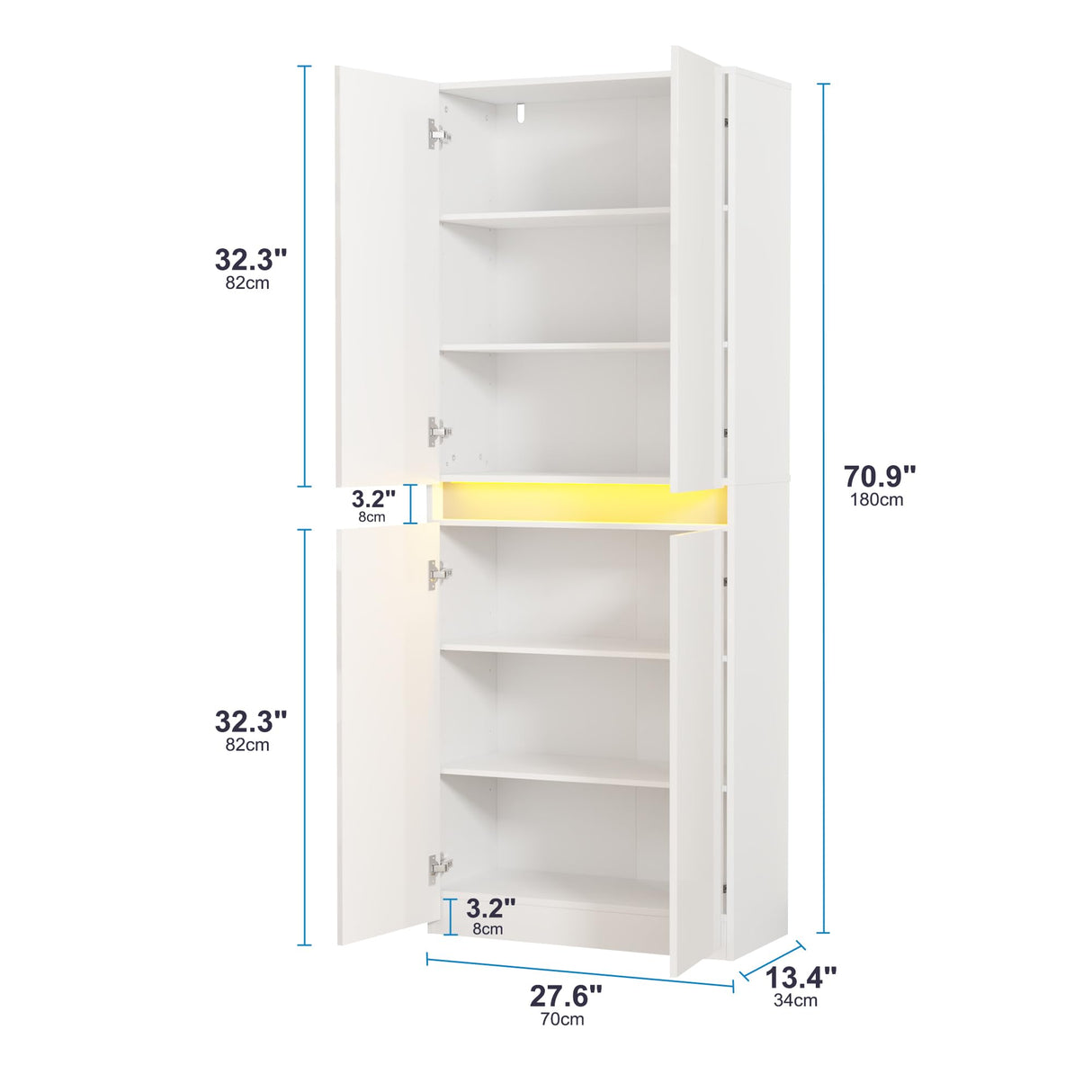 Furnify 71" Tall Pantry Storage Cabinet, Kitchen Pantry with High Gloss Doors, Modern Buffet Hutch Cabinet with Led Light and Adjustable Shelves for Dining Room, Living Room, White Furnify
