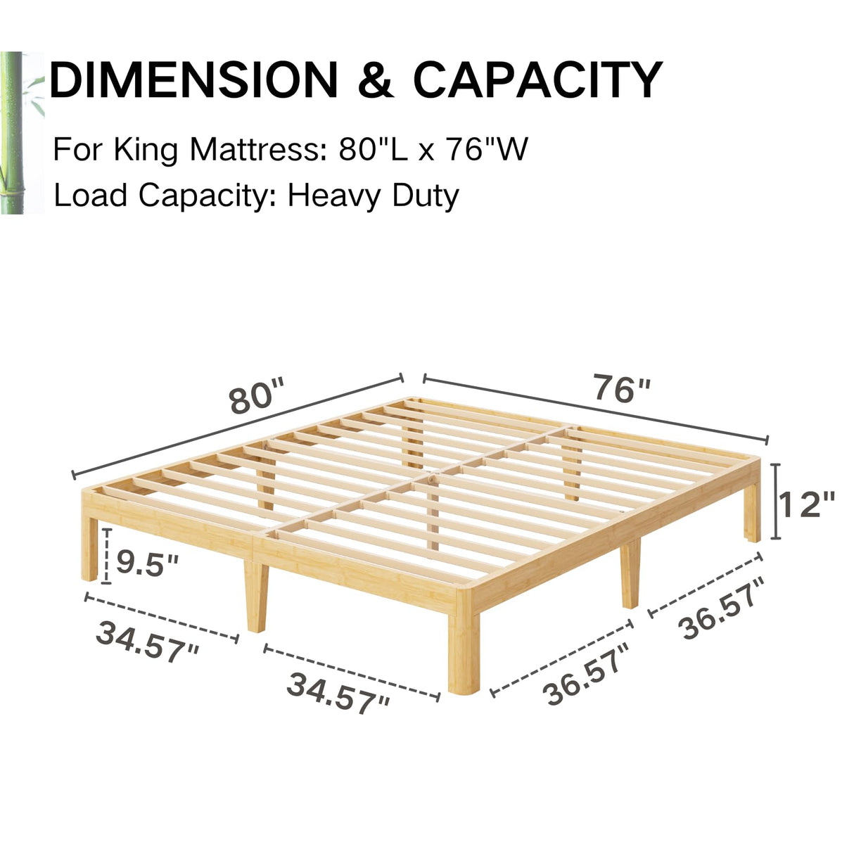 LAKKURI 12 Inch High Bamboo Wood King Size Bed Frame Platform, Steel Slat Support King Bed Frame, Sturdy, No Box Spring Needed, Easy Assembly, Noise Free LAKKURI