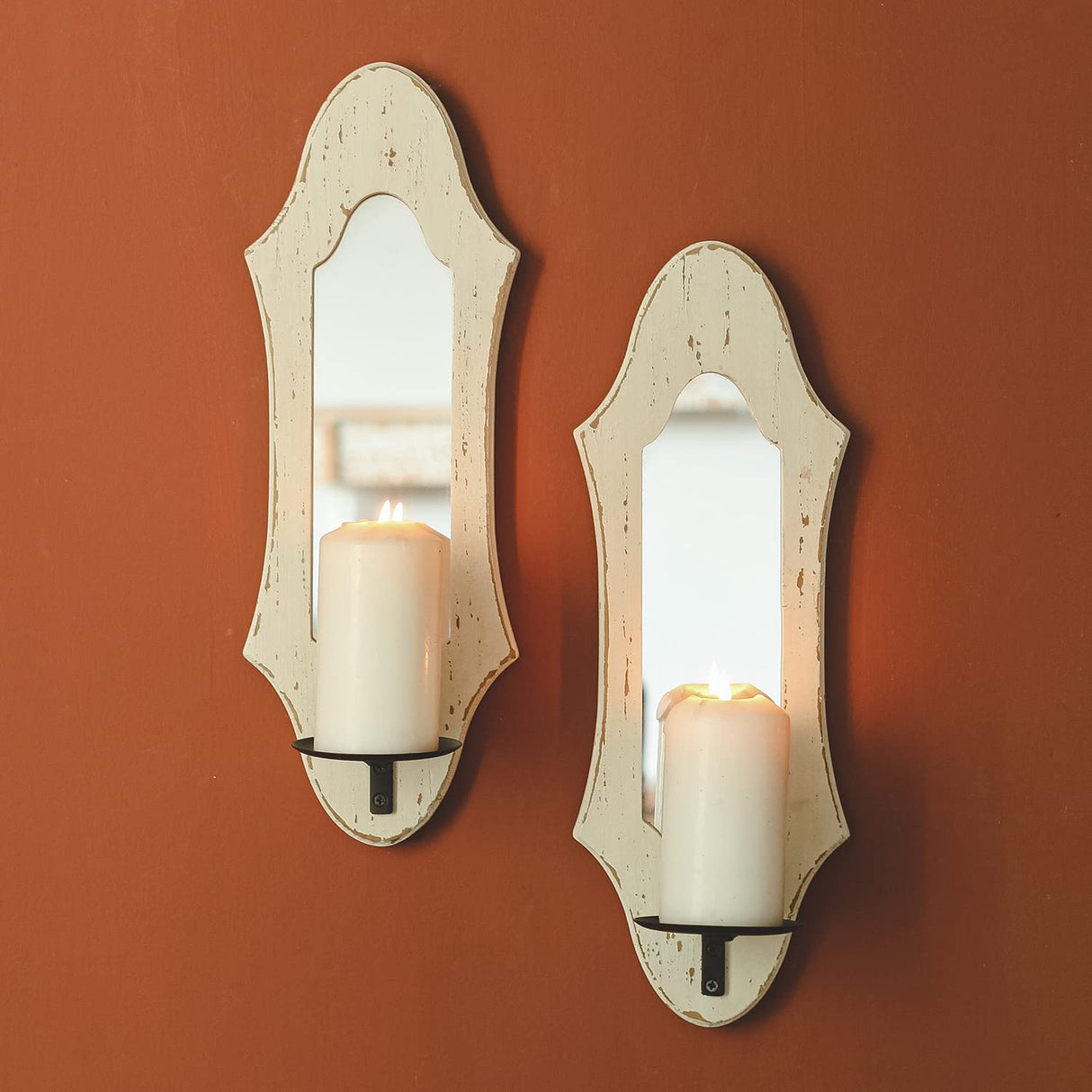 NIKKY HOME Farmhouse Candle Sconces Wall Decor Set of 2, Rustic Wooden Hanging Candle Holders, Antique Mirror Wall Art Decorations for Living Room, Bathroom, Dining Room and Office - Distressed White NIKKY HOME