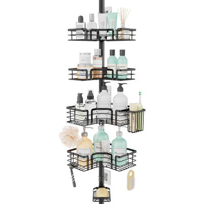 SWTYMIKI Shower Caddy Tension Pole - 4-Tier Corner Shower Organizer Tension Rod with Soap Holder, Toothbrush Holder & 4 Hooks, Adjustable Stainless Steel Bathroom Organizer 27.6 to 108.3 inch, Black