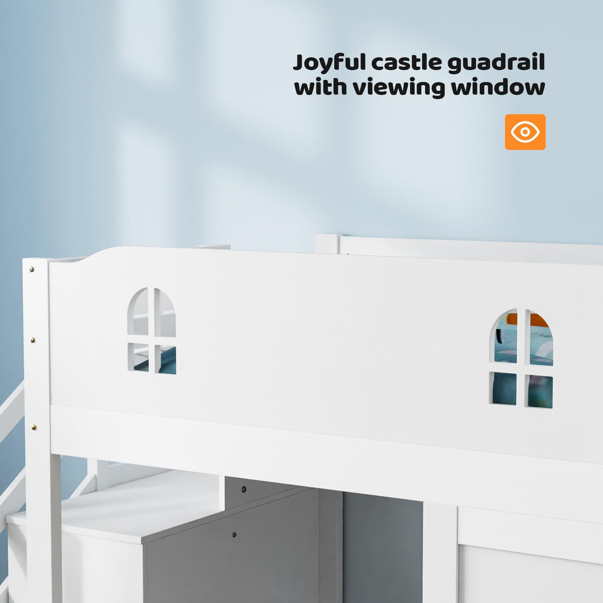 JOYMOR Low Loft Bed with Led Light, Loft Bed Twin Size with Castle Guardrail and Window, Staircase and Book Rack, Smart APP Control, Twin loft Bed for Kids, Junior, No Box Spring Needed (White) JOYMOR