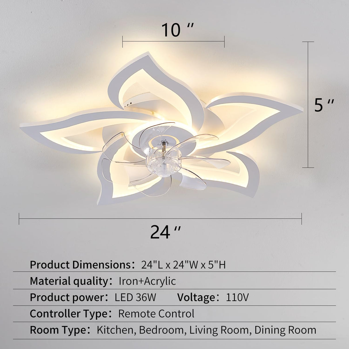 Ruibutrade White Flower Modern CeilingFans with Lights, Low Profile Ceiling Fan with Remote for Bedroom, Flush Mount Ceiling Fan with LED Dimmable Light,3-Colors, 6-Speeds, Timing Ceiling Fan Light Ruibutrade