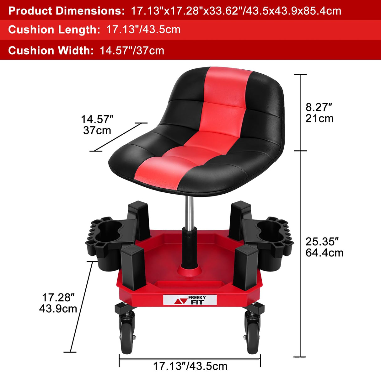 FreekyFit Rolling Shop Stool with Wheels, Adjustable Garage Mechanic Stool Seat Shop Roller Work Chair Mobile Rolling Seat with Tool Tray, 2 Cup Holders, 4" Casters, 350 LBS, Heavy-Duty, Red FreekyFit