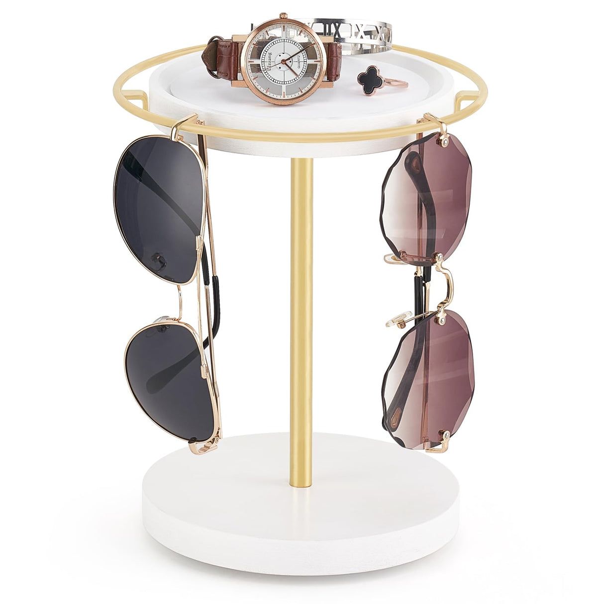 Mkono 360° Rotating Sunglasses Organizer Glasses Holder Stand Metal Frame with Wood Base and Tray Eyeglasses Storage Display Rack for up to 12 Pairs of Eyewear for Table Dresser Desk Bedroom, Gold Mkono