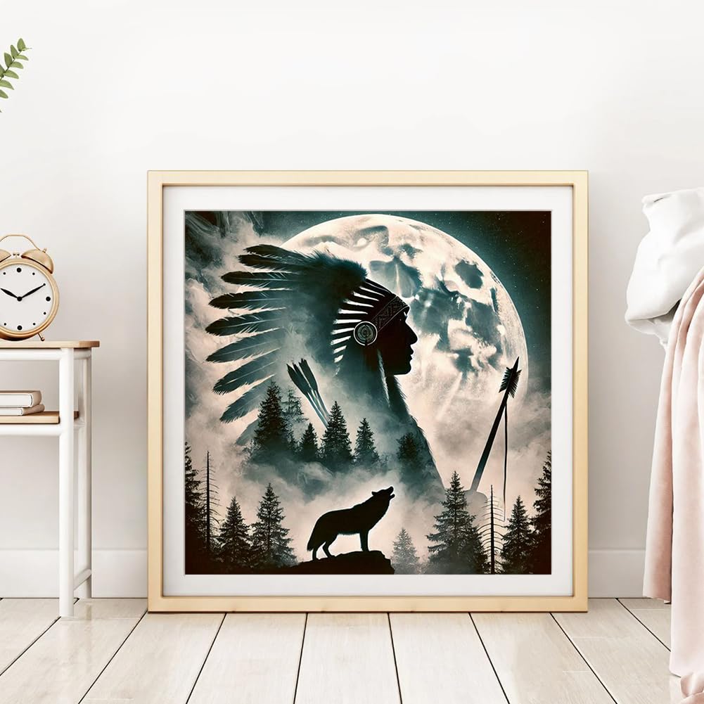 DPDAKIT Wolf Diamond Art Kits for Adults, Native American Diamond Painting Kits for Beginner, 5D DIY Round Full Gem Art Crafts for Home Wall Decor Gift, 12x12inch DPDAKIT