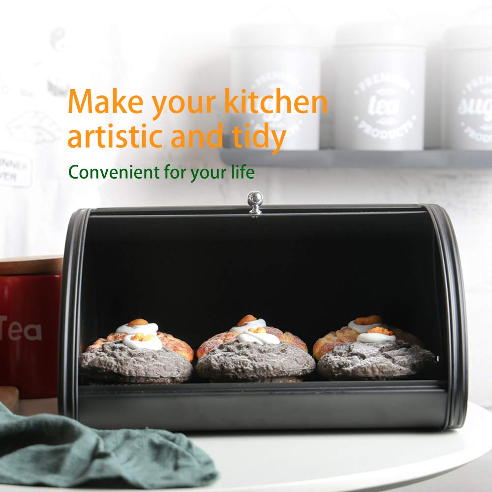 KL X458 Metal Bread Box/Bin/kitchen Storage Containers with Roll Top Lid (Black) KL