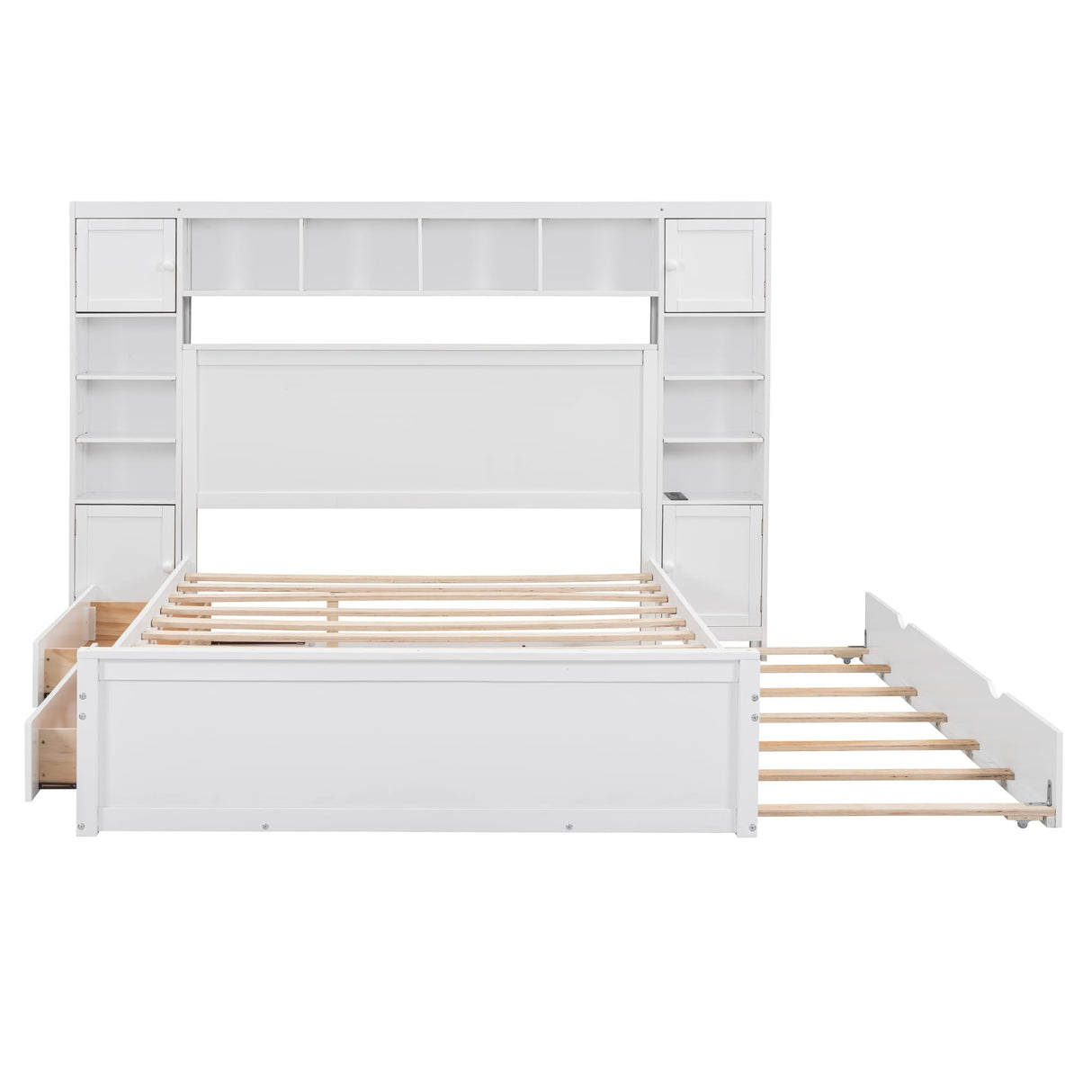 Queen Storage Bed with Bookcase Headboard, Queen Size Platform Bed with Trundle and 2 Storage Drawers, Solid Wood Queen Size Bed Frame with Cabinet and Shelf, No Box Spring Needed (White) Harper & Bright Designs