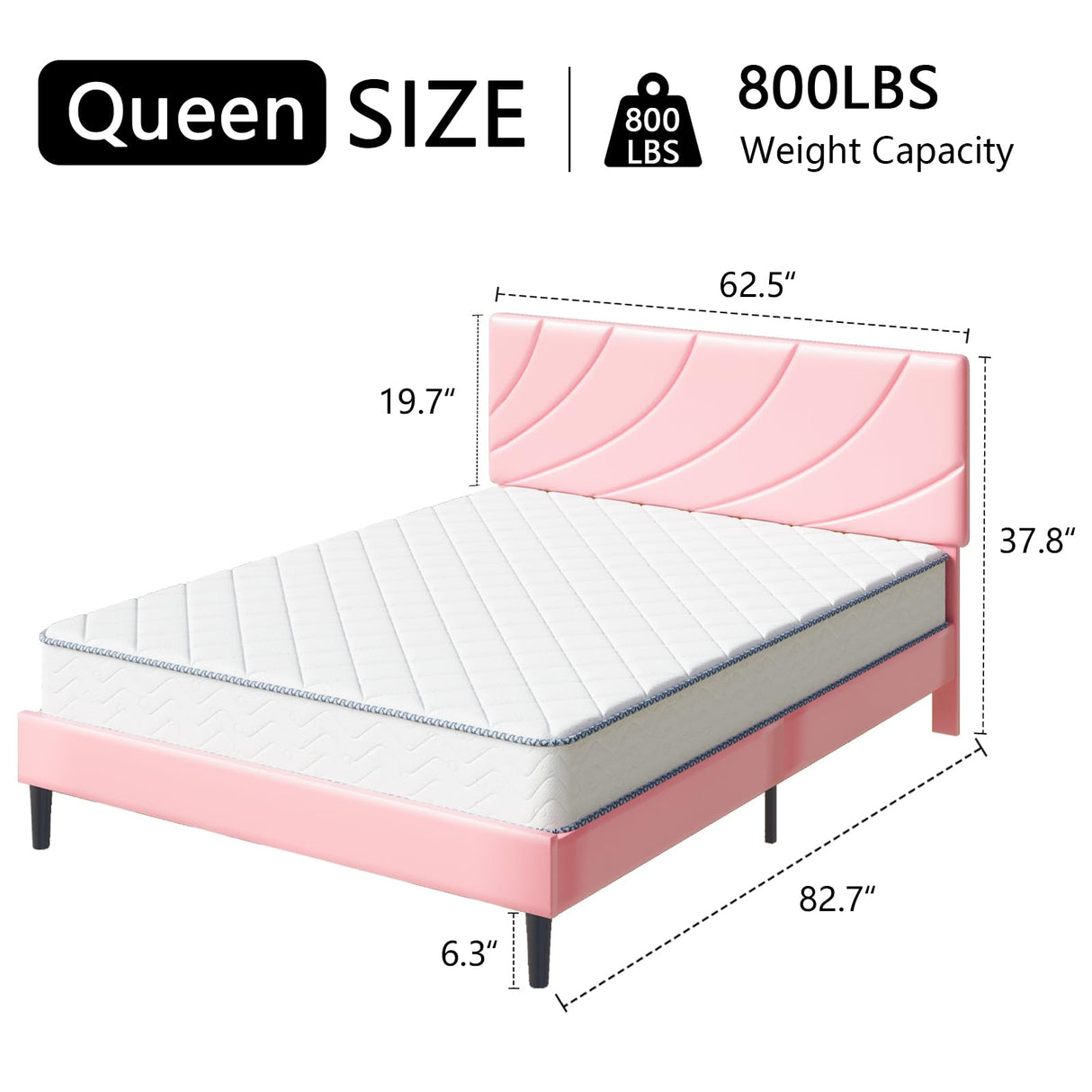 HOMBCK Queen Size Bed Frame/Faux Leather Upholstered Platform Bed with Headboard/Strong Wooden Slats/No Box Spring Needed/Easy Assembly/Pink HOMBCK