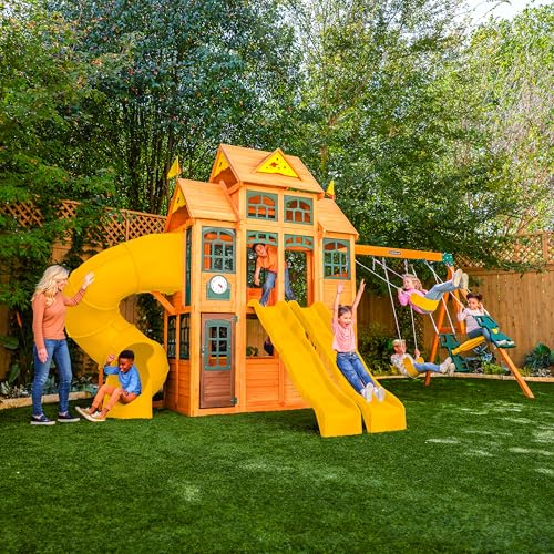 KidKraft Atlas Point Wooden Outdoor Swing Set/Playset with Kitchen, Slides and Glider KidKraft