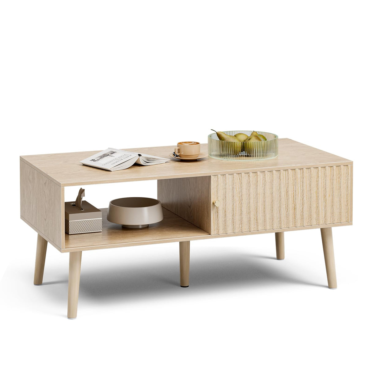 LCRBOL Coffee Table with Storage, Boho Dining Table with Sliding Fluted Door and Solid Wood Legs, Small Coffee Tables for Living Room, Oak