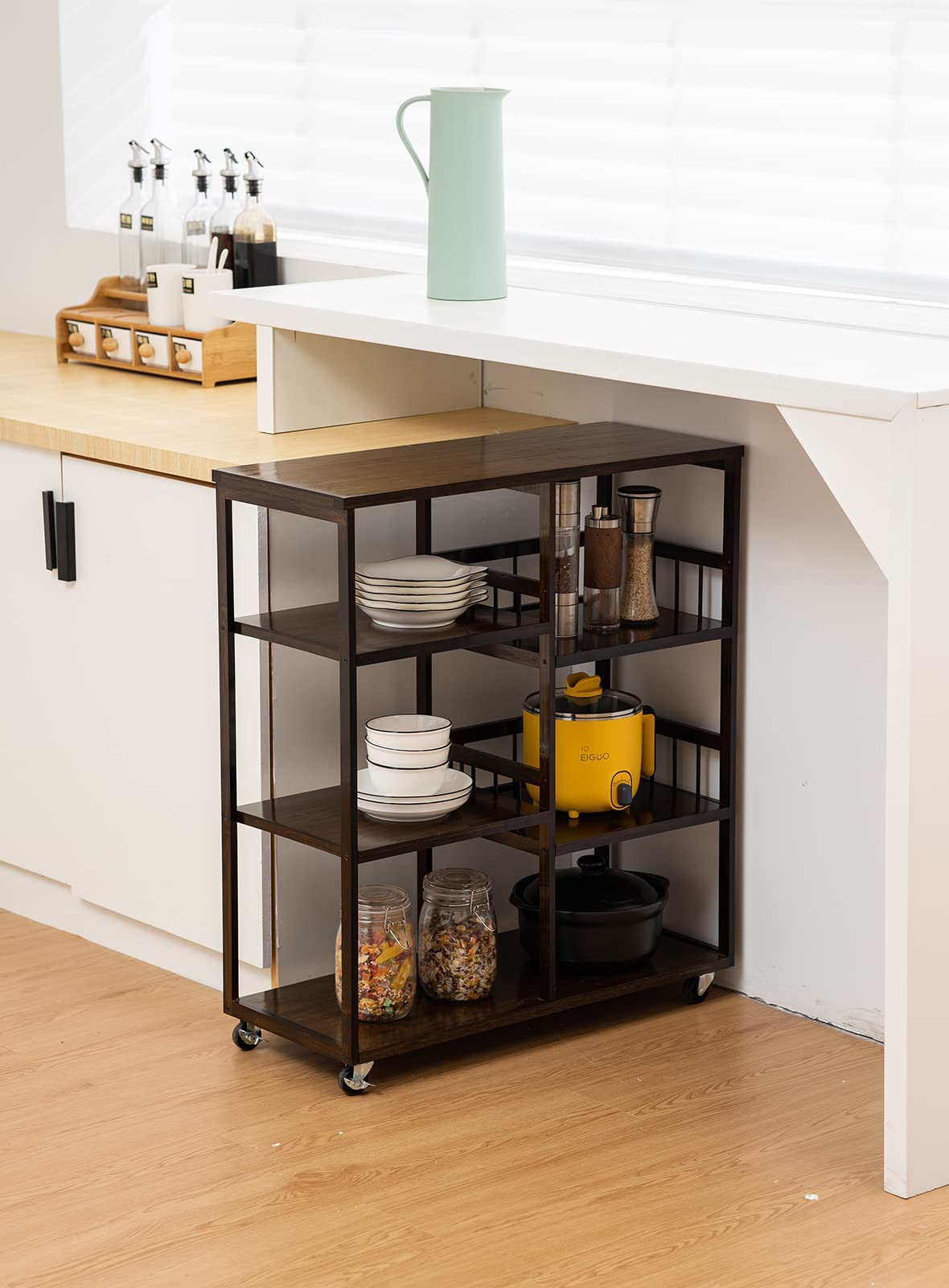 Bamboo Kitchen Baker’s Rack,4-Tier+4-Tier Coffee Bar, Microwave Oven Stand, Large Capacity Utility Storage Shelf Cart on Wheels for Home Kitchen, Living Room and Entrance, Accent (Dark Brown) SHUOXIANG