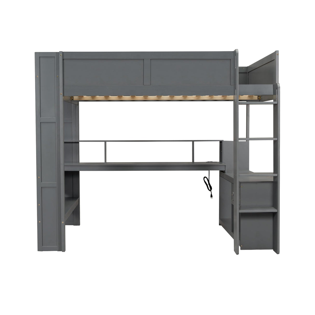 Full Size Wood Gaming Loft Bed with Desk, Multi-Storage Shelves, LED Light Strip and Charging Station, Multifunctional Loft Bed Frame with Guardrail and Ladder for Kids Teens (Dark Gray-05, Full) HZSSDTKJ