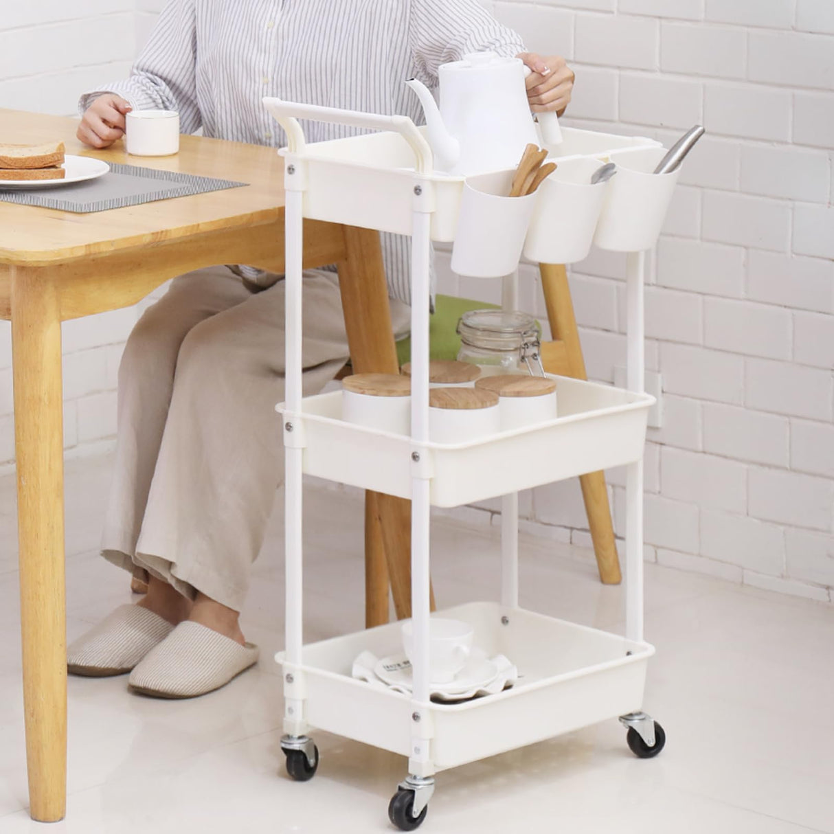 3-Tier Utility Rolling Cart,Mobile Utility Cart with Lockable Caster Wheels,Storage Shelves Organizer Cart, 3 Hanging Baskets, Easy Assembly,for Bathroom, Kitchen, Office, Workshop Hamone