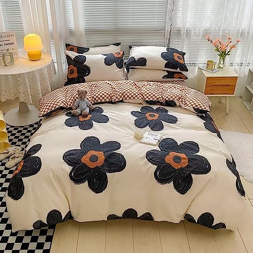 Houseri Black and White Floral Comforter Set Full for Teen Girls Kawaii 3D Sunflower Bedding Comforters Sets Full Size Black Botanical Comforter Cute Relief Print Beige Brown Plaid Bedding Sets Full Houseri