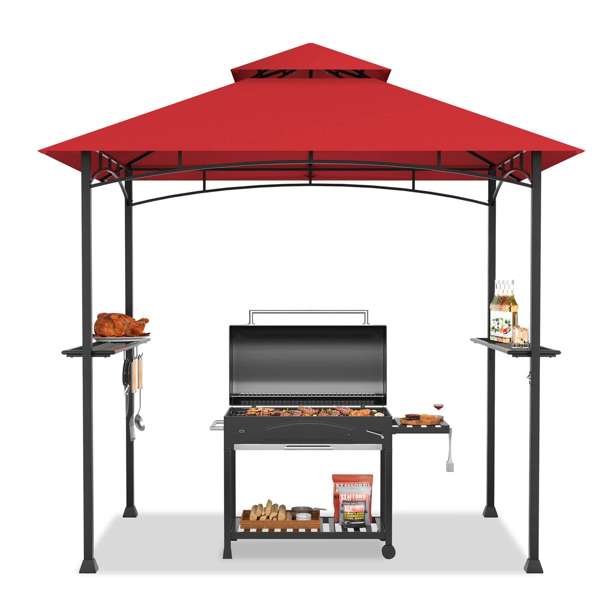 Tangkula 8x5 Ft Grill Gazebo, Double Tiered Outdoor BBQ Gazebo with 2 Side Shelves, 5 Hooks, Bottle Opener, Barbecue Grill Gazebo Shelter for Patio, Garden, Beach, Backyard (Wine) Tangkula